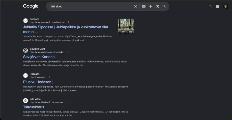 Google-hakutulos haulla häät sipoo