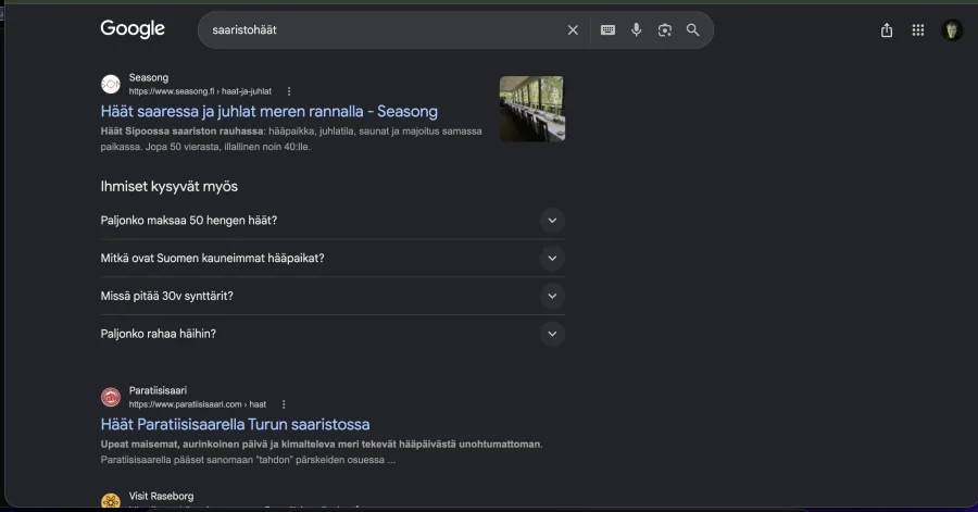 Google-hakutulos haulla saaristohäät
