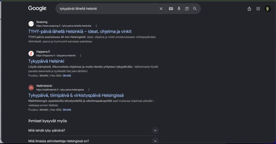 Google-hakutulos haulla tykypäivät läheltä helsinki
