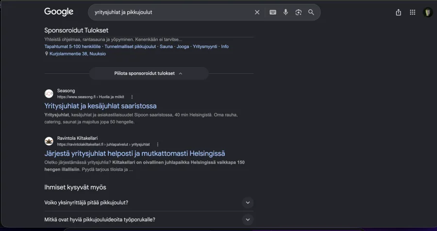 Google-hakutulos haulla yritysjuhlat ja pikkujoulut